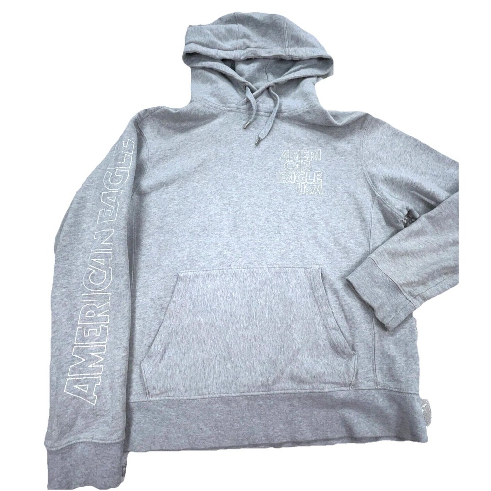 American Eagle Hoodie Men Medium Gray Sweatshirt Sweater Spell Out Heather Adult